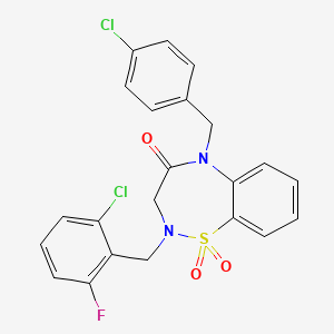 molecular formula C22H17Cl2FN2O3S B6512486 2-[(2-chloro-6-fluorophenyl)methyl]-5-[(4-chlorophenyl)methyl]-2,3,4,5-tetrahydro-1lambda6,2,5-benzothiadiazepine-1,1,4-trione CAS No. 951623-51-1