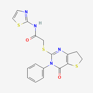 molecular formula C17H14N4O2S3 B6513619 Acetamide, 2-[(3,4,6,7-tetrahydro-4-oxo-3-phenylthieno[3,2-d]pyrimidin-2-yl)thio]-N-2-thiazolyl- CAS No. 686770-62-7