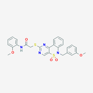 molecular formula C27H24N4O5S2 B6515012 N-(2-methoxyphenyl)-2-({9-[(3-methoxyphenyl)methyl]-8,8-dioxo-8lambda6-thia-3,5,9-triazatricyclo[8.4.0.0^{2,7}]tetradeca-1(14),2(7),3,5,10,12-hexaen-4-yl}sulfanyl)acetamide CAS No. 892312-51-5