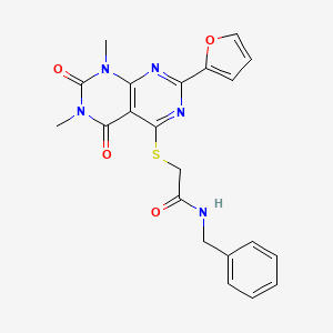 molecular formula C21H19N5O4S B6519650 N-benzyl-2-{[2-(furan-2-yl)-6,8-dimethyl-5,7-dioxo-5H,6H,7H,8H-[1,3]diazino[4,5-d]pyrimidin-4-yl]sulfanyl}acetamide CAS No. 863003-67-2