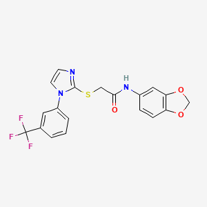 molecular formula C19H14F3N3O3S B6520082 N-(2H-1,3-benzodioxol-5-yl)-2-({1-[3-(trifluoromethyl)phenyl]-1H-imidazol-2-yl}sulfanyl)acetamide CAS No. 869345-90-4
