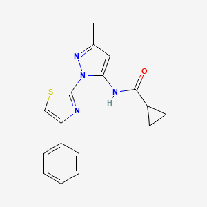 molecular formula C17H16N4OS B6527715 N-[3-methyl-1-(4-phenyl-1,3-thiazol-2-yl)-1H-pyrazol-5-yl]cyclopropanecarboxamide CAS No. 1020488-14-5