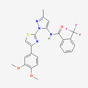 B6527879 N-{1-[4-(3,4-dimethoxyphenyl)-1,3-thiazol-2-yl]-3-methyl-1H-pyrazol-5-yl}-2-(trifluoromethyl)benzamide CAS No. 1019096-31-1