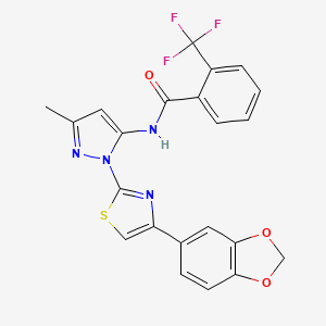B6527902 N-{1-[4-(2H-1,3-benzodioxol-5-yl)-1,3-thiazol-2-yl]-3-methyl-1H-pyrazol-5-yl}-2-(trifluoromethyl)benzamide CAS No. 1019101-17-7