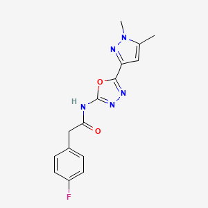molecular formula C15H14FN5O2 B6528710 N-[5-(1,5-dimethyl-1H-pyrazol-3-yl)-1,3,4-oxadiazol-2-yl]-2-(4-fluorophenyl)acetamide CAS No. 1019102-07-8