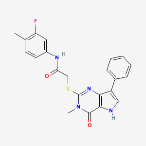 molecular formula C22H19FN4O2S B6551088 N-(3-fluoro-4-methylphenyl)-2-({3-methyl-4-oxo-7-phenyl-3H,4H,5H-pyrrolo[3,2-d]pyrimidin-2-yl}sulfanyl)acetamide CAS No. 1040639-92-6