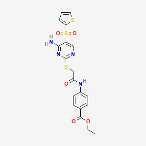 molecular formula C19H18N4O5S3 B6552251 ethyl 4-(2-{[4-amino-5-(thiophene-2-sulfonyl)pyrimidin-2-yl]sulfanyl}acetamido)benzoate CAS No. 1040679-98-8