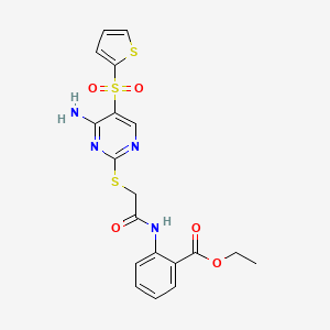 molecular formula C19H18N4O5S3 B6552254 ethyl 2-(2-{[4-amino-5-(thiophene-2-sulfonyl)pyrimidin-2-yl]sulfanyl}acetamido)benzoate CAS No. 1040680-04-3