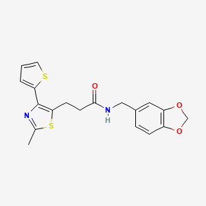molecular formula C19H18N2O3S2 B6574370 N-(benzo[d][1,3]dioxol-5-ylmethyl)-3-(2-methyl-4-(thiophen-2-yl)thiazol-5-yl)propanamide CAS No. 1017663-04-5