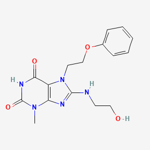 molecular formula C16H19N5O4 B6574946 1H-Purine-2,6-dione, 3,7-dihydro-8-((2-hydroxyethyl)amino)-3-methyl-7-(2-phenoxyethyl)- CAS No. 105522-57-4