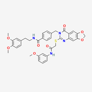 molecular formula C36H34N4O8S B6582806 N-[2-(3,4-dimethoxyphenyl)ethyl]-4-{[6-({[(3-methoxyphenyl)carbamoyl]methyl}sulfanyl)-8-oxo-2H,7H,8H-[1,3]dioxolo[4,5-g]quinazolin-7-yl]methyl}benzamide CAS No. 688062-44-4