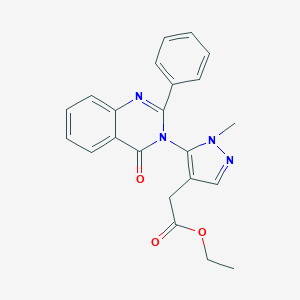 molecular formula C22H20N4O3 B065871 1H-Pyrazole-4-acetic acid, 1-methyl-5-(4-oxo-2-phenyl-3(4H)-quinazolinyl)-, ethyl ester CAS No. 160662-12-4