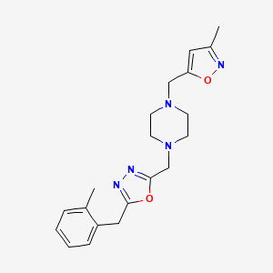 molecular formula C20H25N5O2 B6620311 2-[[4-[(3-Methyl-1,2-oxazol-5-yl)methyl]piperazin-1-yl]methyl]-5-[(2-methylphenyl)methyl]-1,3,4-oxadiazole 