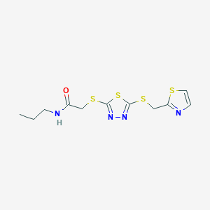molecular formula C11H14N4OS4 B6621048 N-propyl-2-[[5-(1,3-thiazol-2-ylmethylsulfanyl)-1,3,4-thiadiazol-2-yl]sulfanyl]acetamide 