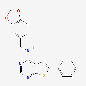 molecular formula C20H15N3O2S B6650073 N-(1,3-benzodioxol-5-ylmethyl)-6-phenylthieno[2,3-d]pyrimidin-4-amine 