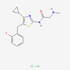 molecular formula C16H19ClFN3OS B6660345 N-[4-cyclopropyl-5-[(2-fluorophenyl)methyl]-1,3-thiazol-2-yl]-2-(methylamino)acetamide;hydrochloride 