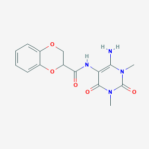 molecular formula C15H16N4O5 B066611 1,4-Benzodioxin-2-carboxamide,  N-(6-amino-1,2,3,4-tetrahydro-1,3-dimethyl-2,4-dioxo-5-pyrimidinyl)- CAS No. 166115-66-8