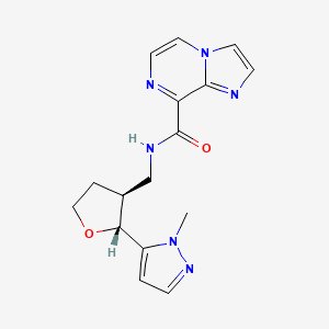 molecular formula C16H18N6O2 B6671529 N-[[(2R,3S)-2-(2-methylpyrazol-3-yl)oxolan-3-yl]methyl]imidazo[1,2-a]pyrazine-8-carboxamide 