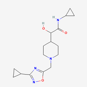 molecular formula C16H24N4O3 B6673771 N-cyclopropyl-2-[1-[(3-cyclopropyl-1,2,4-oxadiazol-5-yl)methyl]piperidin-4-yl]-2-hydroxyacetamide 
