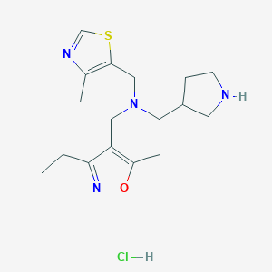molecular formula C17H27ClN4OS B6675031 N-[(3-ethyl-5-methyl-1,2-oxazol-4-yl)methyl]-N-[(4-methyl-1,3-thiazol-5-yl)methyl]-1-pyrrolidin-3-ylmethanamine;hydrochloride 