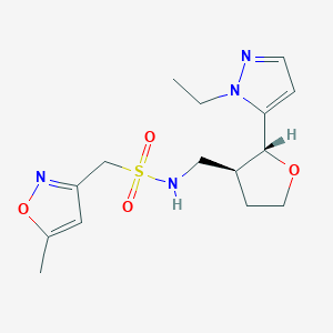 molecular formula C15H22N4O4S B6679263 N-[[(2R,3S)-2-(2-ethylpyrazol-3-yl)oxolan-3-yl]methyl]-1-(5-methyl-1,2-oxazol-3-yl)methanesulfonamide 