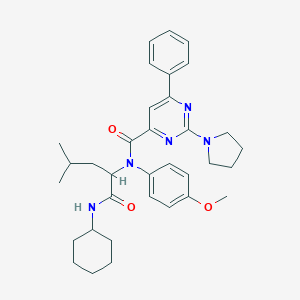 molecular formula C34H43N5O3 B066817 4-Pyrimidinecarboxamide,n-[1-[(cyclohexylamino)carbonyl]-3-methylbutyl]-n-(4-methoxyphenyl)-6-phenyl-2-(1-pyrrolidinyl)- CAS No. 188633-51-4