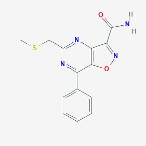 molecular formula C14H12N4O2S B066925 Isoxazolo(4,5-d)pyrimidine-3-carboxamide, 5-((methylthio)methyl)-7-phenyl- CAS No. 165611-02-9