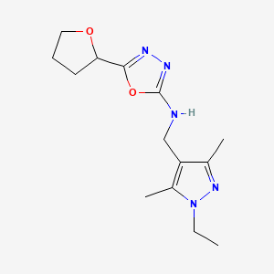 molecular formula C14H21N5O2 B6694967 N-[(1-ethyl-3,5-dimethylpyrazol-4-yl)methyl]-5-(oxolan-2-yl)-1,3,4-oxadiazol-2-amine 