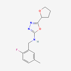 molecular formula C14H16FN3O2 B6694975 N-[(2-fluoro-5-methylphenyl)methyl]-5-(oxolan-2-yl)-1,3,4-oxadiazol-2-amine 