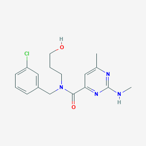molecular formula C17H21ClN4O2 B6707305 N-[(3-chlorophenyl)methyl]-N-(3-hydroxypropyl)-6-methyl-2-(methylamino)pyrimidine-4-carboxamide 
