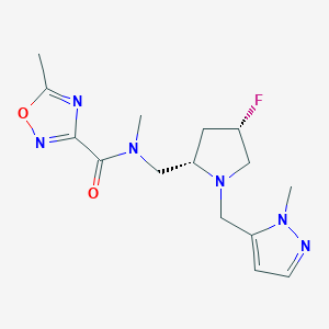 molecular formula C15H21FN6O2 B6708958 N-[[(2S,4S)-4-fluoro-1-[(2-methylpyrazol-3-yl)methyl]pyrrolidin-2-yl]methyl]-N,5-dimethyl-1,2,4-oxadiazole-3-carboxamide 