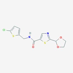 molecular formula C12H11ClN2O3S2 B6709557 N-[(5-chlorothiophen-2-yl)methyl]-2-(1,3-dioxolan-2-yl)-1,3-thiazole-5-carboxamide 