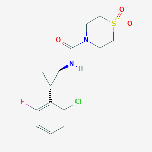 molecular formula C14H16ClFN2O3S B6715975 N-[(1R,2S)-2-(2-chloro-6-fluorophenyl)cyclopropyl]-1,1-dioxo-1,4-thiazinane-4-carboxamide 