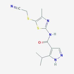 molecular formula C13H15N5OS2 B6719442 N-[5-(cyanomethylsulfanyl)-4-methyl-1,3-thiazol-2-yl]-5-propan-2-yl-1H-pyrazole-4-carboxamide 