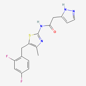 molecular formula C16H14F2N4OS B6719587 N-[5-[(2,4-difluorophenyl)methyl]-4-methyl-1,3-thiazol-2-yl]-2-(1H-pyrazol-5-yl)acetamide 