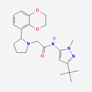 molecular formula C22H30N4O3 B6753697 N-(5-tert-butyl-2-methylpyrazol-3-yl)-2-[2-(2,3-dihydro-1,4-benzodioxin-5-yl)pyrrolidin-1-yl]acetamide 
