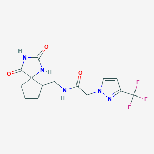 molecular formula C14H16F3N5O3 B6754409 N-[(2,4-dioxo-1,3-diazaspiro[4.4]nonan-9-yl)methyl]-2-[3-(trifluoromethyl)pyrazol-1-yl]acetamide 