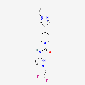 molecular formula C16H22F2N6O B6755246 N-[1-(2,2-difluoroethyl)pyrazol-3-yl]-4-(1-ethylpyrazol-4-yl)piperidine-1-carboxamide 