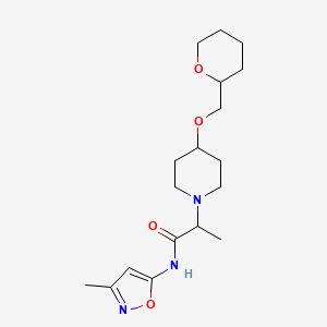 molecular formula C18H29N3O4 B6755490 N-(3-methyl-1,2-oxazol-5-yl)-2-[4-(oxan-2-ylmethoxy)piperidin-1-yl]propanamide 
