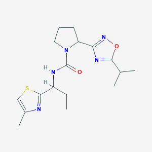 molecular formula C17H25N5O2S B6755629 N-[1-(4-methyl-1,3-thiazol-2-yl)propyl]-2-(5-propan-2-yl-1,2,4-oxadiazol-3-yl)pyrrolidine-1-carboxamide 