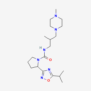 molecular formula C19H34N6O2 B6755665 N-[2-methyl-3-(4-methylpiperazin-1-yl)propyl]-2-(5-propan-2-yl-1,2,4-oxadiazol-3-yl)pyrrolidine-1-carboxamide 