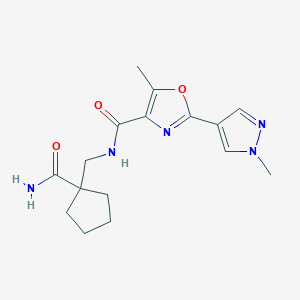 molecular formula C16H21N5O3 B6756036 N-[(1-carbamoylcyclopentyl)methyl]-5-methyl-2-(1-methylpyrazol-4-yl)-1,3-oxazole-4-carboxamide 