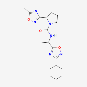 molecular formula C18H26N6O3 B6756099 N-[1-(3-cyclohexyl-1,2,4-oxadiazol-5-yl)ethyl]-2-(5-methyl-1,2,4-oxadiazol-3-yl)pyrrolidine-1-carboxamide 