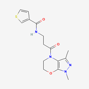 molecular formula C15H18N4O3S B6756575 N-[3-(1,3-dimethyl-5,6-dihydropyrazolo[3,4-b][1,4]oxazin-4-yl)-3-oxopropyl]thiophene-3-carboxamide 