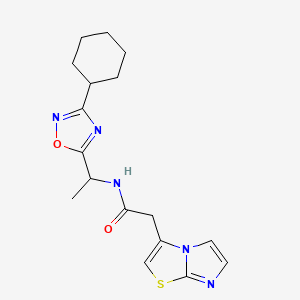 molecular formula C17H21N5O2S B6757633 N-[1-(3-cyclohexyl-1,2,4-oxadiazol-5-yl)ethyl]-2-imidazo[2,1-b][1,3]thiazol-3-ylacetamide 