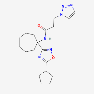 molecular formula C19H28N6O2 B6758895 N-[1-(5-cyclopentyl-1,2,4-oxadiazol-3-yl)cycloheptyl]-3-(triazol-1-yl)propanamide 