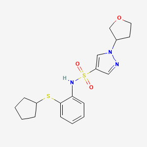 molecular formula C18H23N3O3S2 B6759243 N-(2-cyclopentylsulfanylphenyl)-1-(oxolan-3-yl)pyrazole-4-sulfonamide 