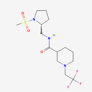 molecular formula C14H24F3N3O3S B6759601 N-[[(2R)-1-methylsulfonylpyrrolidin-2-yl]methyl]-1-(2,2,2-trifluoroethyl)piperidine-3-carboxamide 