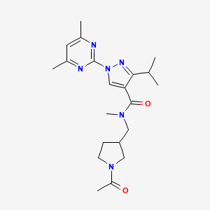 molecular formula C21H30N6O2 B6759906 N-[(1-acetylpyrrolidin-3-yl)methyl]-1-(4,6-dimethylpyrimidin-2-yl)-N-methyl-3-propan-2-ylpyrazole-4-carboxamide 
