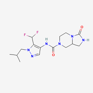 molecular formula C15H22F2N6O2 B6760747 N-[5-(difluoromethyl)-1-(2-methylpropyl)pyrazol-4-yl]-3-oxo-1,2,5,6,8,8a-hexahydroimidazo[1,5-a]pyrazine-7-carboxamide 